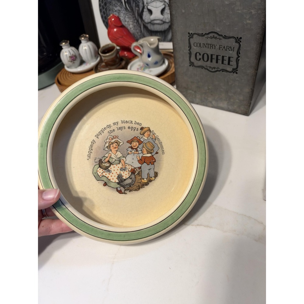 Antique Nursery Rhyme Baby Plate Higgledy Piggledy Hen Roseville Style 1920s